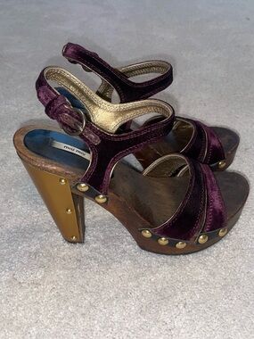 Miu Miu Plum Velvet Studded Platform Heels with Gold Accents